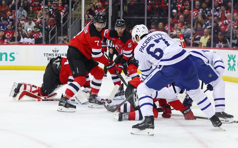 Oct 10, 2024; Newark, New Jersey, USA; Toronto Maple Leafs left wing Max Pacioretty (67) scores a goal against the New Jersey Devils during the first period at Prudential Center. Mandatory Credit: Ed Mulholland-Imagn Images