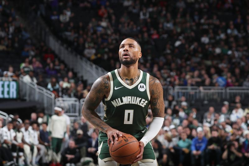 MILWAUKEE, WI - NOVEMBER 18: Damian Lillard #0 of the Milwaukee Bucks shoots a free throw during the game against the Houston Rockets on November 18, 2024 at the Fiserv Forum Center in Milwaukee, Wisconsin. NOTE TO USER: User expressly acknowledges and agrees that, by downloading and or using this Photograph, user is consenting to the terms and conditions of the Getty Images License Agreement. Mandatory Copyright Notice: Copyright 2024 NBAE (Photo by Gary Dineen/NBAE via Getty Images).