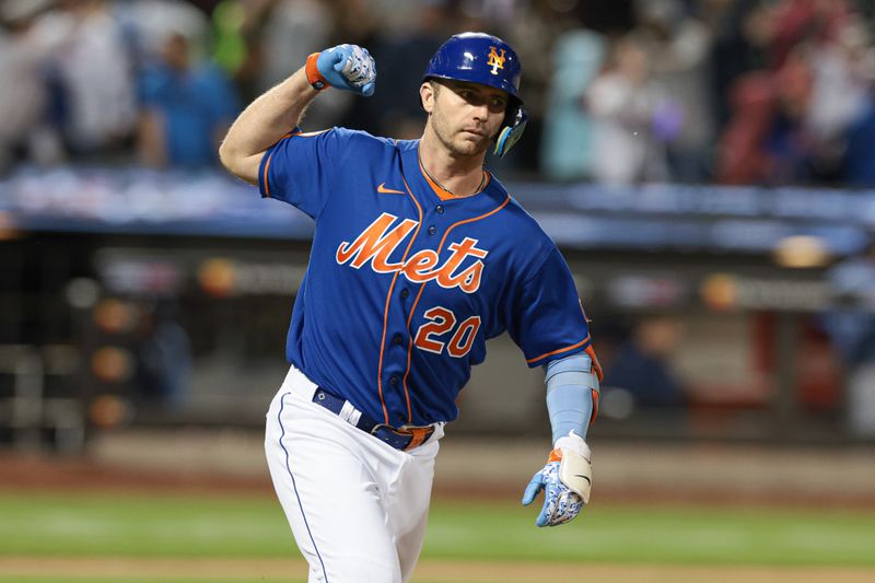 May 17, 2023; New York City, New York, USA; New York Mets first baseman Pete Alonso (20) celebrates while running the bases after hitting a three run home run during the tenth inning against the Tampa Bay Rays at Citi Field. Mandatory Credit: Vincent Carchietta-USA TODAY Sports