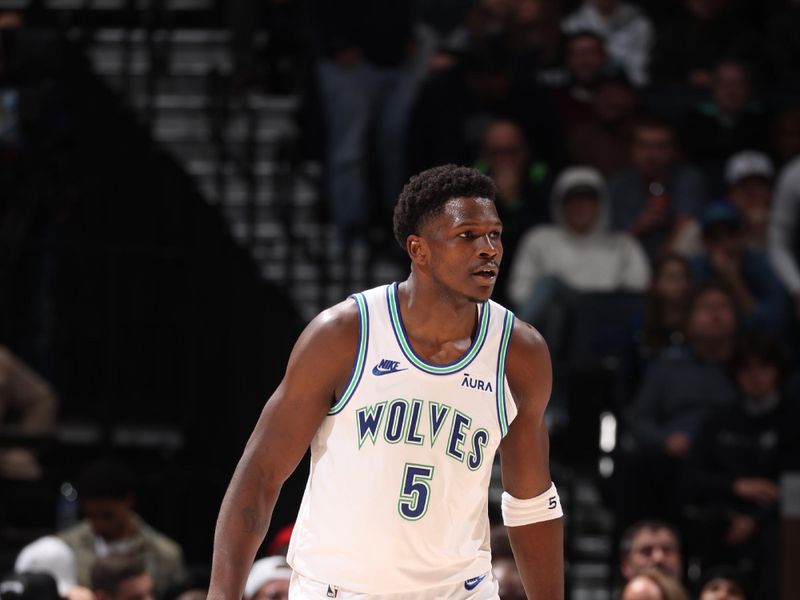 MINNEAPOLIS, MN -  JANUARY 3: Anthony Edwards #5 of the Minnesota Timberwolves plays defense during the game against the New Orleans Pelicans on January 3, 2024 at Target Center in Minneapolis, Minnesota. NOTE TO USER: User expressly acknowledges and agrees that, by downloading and or using this Photograph, user is consenting to the terms and conditions of the Getty Images License Agreement. Mandatory Copyright Notice: Copyright 2024 NBAE (Photo by David Sherman/NBAE via Getty Images)