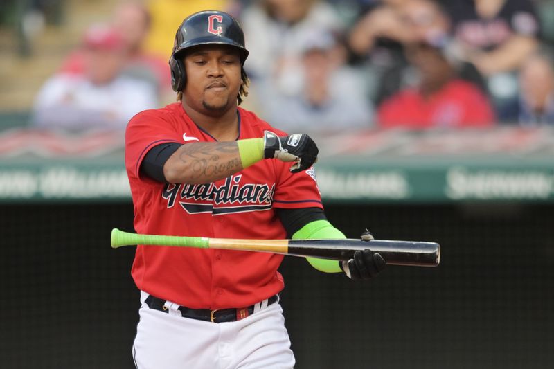 May 27, 2023; Cleveland, Ohio, USA; Cleveland Guardians third baseman Jose Ramirez (11) reacts after striking out during the first inning against the St. Louis Cardinals at Progressive Field. Mandatory Credit: Ken Blaze-USA TODAY Sports