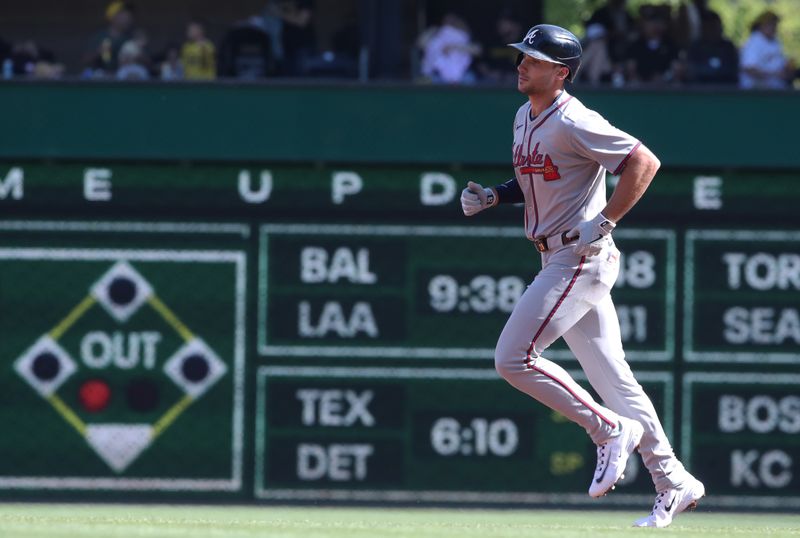 May 10, 2025; Pittsburgh, Pennsylvania, USA;  Atlanta Braves first baseman Matt Olson (28) circles the bases on a solo home run against the Pittsburgh Pirates during the third inning at PNC Park. Mandatory Credit: Charles LeClaire-Imagn Images