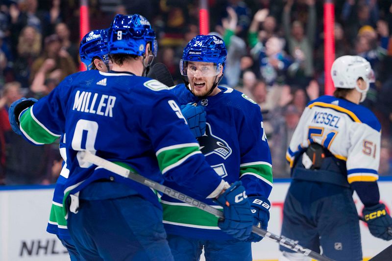 Jan 24, 2024; Vancouver, British Columbia, CAN; Vancouver Canucks forward Brock Boeser (6) and forward J.T. Miller (9) and forward Pius Suter (24) celebrate Suter   s second goal of the game against the St. Louis Blues in the third period at Rogers Arena. Blues 4-3 in overtime. Mandatory Credit: Bob Frid-USA TODAY Sports