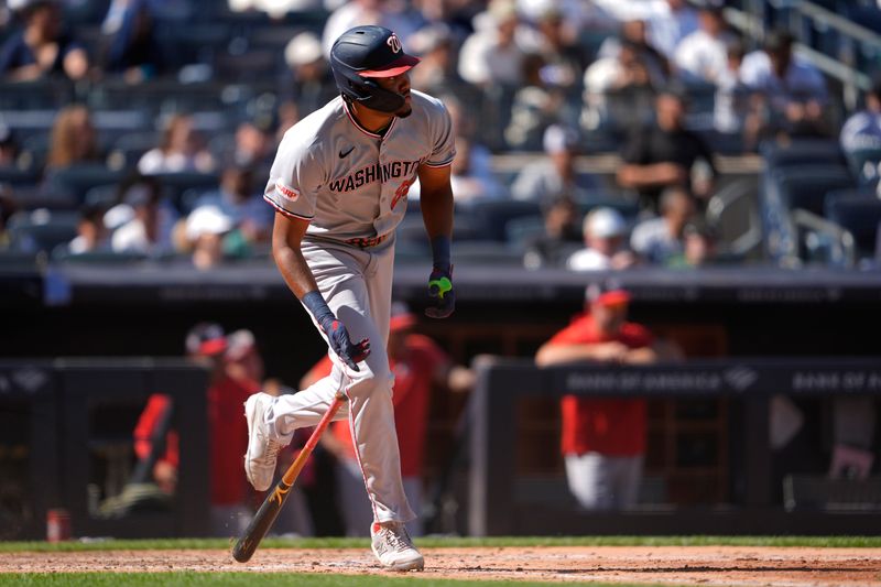 Aug 27, 2025; Bronx, New York, USA; Washington Nationals left fielder James Wood (29) hits a single against the New York Yankees during the sixth inning at Yankee Stadium. Mandatory Credit: Gregory Fisher-Imagn Images