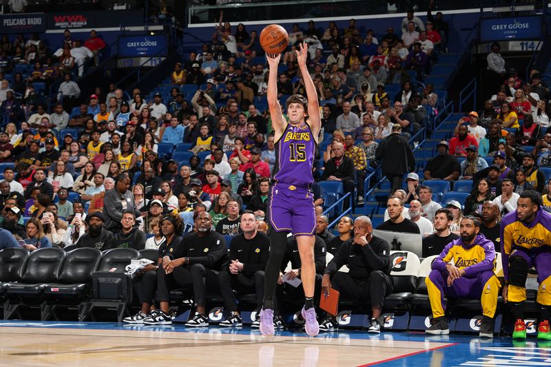 NEW ORLEANS, LA - NOVEMBER 16: Austin Reaves #15 of the Los Angeles Lakers shoots a three point basket during the game against the New Orleans Pelicans on November 16, 2024 at the Smoothie King Center in New Orleans, Louisiana. NOTE TO USER: User expressly acknowledges and agrees that, by downloading and or using this Photograph, user is consenting to the terms and conditions of the Getty Images License Agreement. Mandatory Copyright Notice: Copyright 2024 NBAE (Photo by Jesse D. Garrabrant/NBAE via Getty Images)