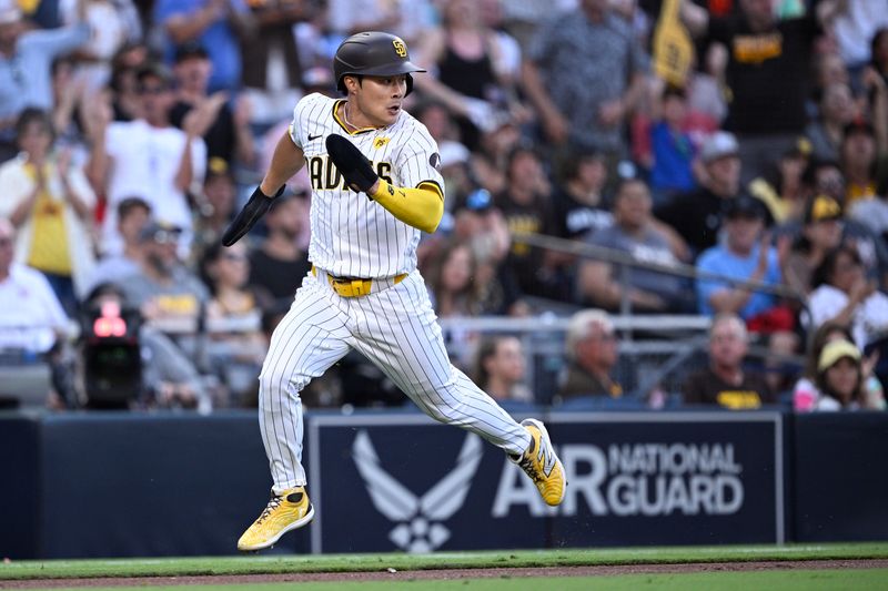 Jun 24, 2024; San Diego, California, USA; San Diego Padres shortstop Ha-Seong Kim (7) advances home to score a run against the Washington Nationals during the second inning at Petco Park. Mandatory Credit: Orlando Ramirez-USA TODAY Sports