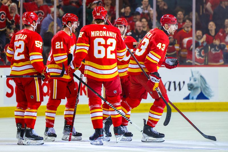 Apr 18, 2024; Calgary, Alberta, CAN; Calgary Flames right wing Adam Klapka (43) celebrates his goal with teammates against the San Jose Sharks during the first period at Scotiabank Saddledome. Mandatory Credit: Sergei Belski-USA TODAY Sports