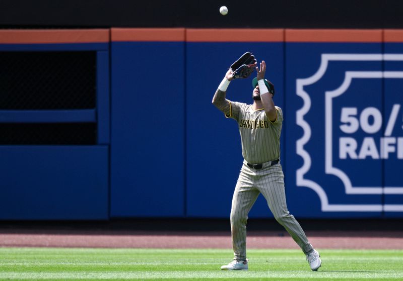 Jun 16, 2024; New York City, New York, USA; San Diego Padres outfielder David Peralta (24) catches a fly ball for an out during the fourth inning against the New York Mets at Citi Field. Mandatory Credit: John Jones-USA TODAY Sports