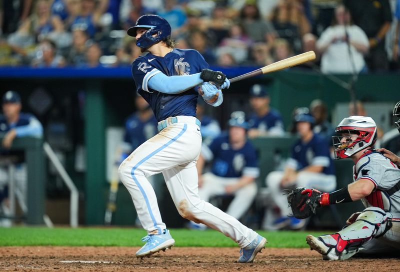 Jul 28, 2023; Kansas City, Missouri, USA; Kansas City Royals shortstop Bobby Witt Jr. (7) hits a walk-off grand slam against the Minnesota Twins during the tenth inning at Kauffman Stadium. Mandatory Credit: Jay Biggerstaff-USA TODAY Sports