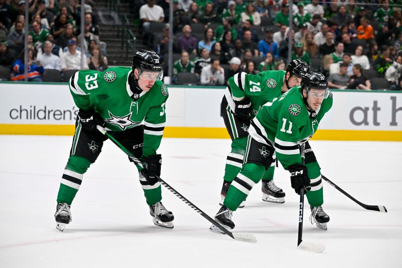 Feb 26, 2024; Dallas, Texas, USA; Dallas Stars defenseman Derrick Pouliot (33) and center Logan Stankoven (11) wait for the face-off against the New York Islanders during the first period at the American Airlines Center. Mandatory Credit: Jerome Miron-USA TODAY Sports