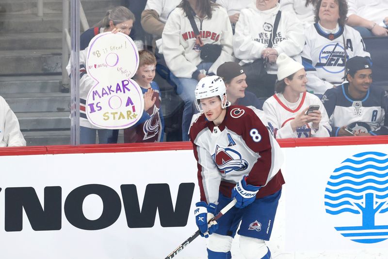 Apr 30, 2024; Winnipeg, Manitoba, CAN;Colorado Avalanche defenseman Cale Makar (8) skates past fans before the game  against the Winnipeg Jets in game five of the first round of the 2024 Stanley Cup Playoffs at Canada Life Centre. Mandatory Credit: James Carey Lauder-USA TODAY Sports