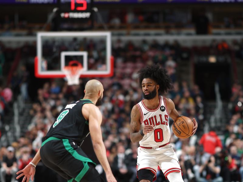 CHICAGO, IL - FEBRUARY 22: Coby White #0 of the Chicago Bulls handles the ball during the game against the Boston Celtics on February 22, 2024 at United Center in Chicago, Illinois. NOTE TO USER: User expressly acknowledges and agrees that, by downloading and or using this photograph, User is consenting to the terms and conditions of the Getty Images License Agreement. Mandatory Copyright Notice: Copyright 2024 NBAE (Photo by Jeff Haynes/NBAE via Getty Images)