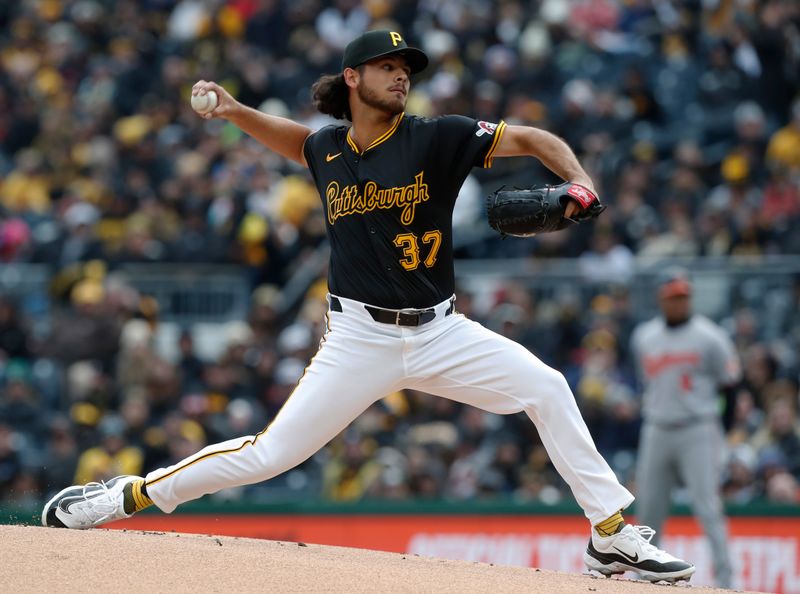 Apr 5, 2024; Pittsburgh, Pennsylvania, USA;  Pittsburgh Pirates starting pitcher Jared Jones (37) delivers a pitch against the Baltimore Orioles during the first inning at PNC Park. Mandatory Credit: Charles LeClaire-USA TODAY Sports