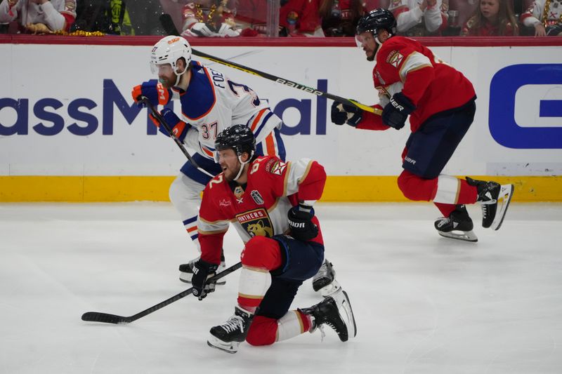 Jun 24, 2024; Sunrise, Florida, USA; Florida Panthers defenseman Brandon Montour (62) reacts during the third period against the Edmonton Oilers in game seven of the 2024 Stanley Cup Final at Amerant Bank Arena. Mandatory Credit: Jim Rassol-USA TODAY Sports