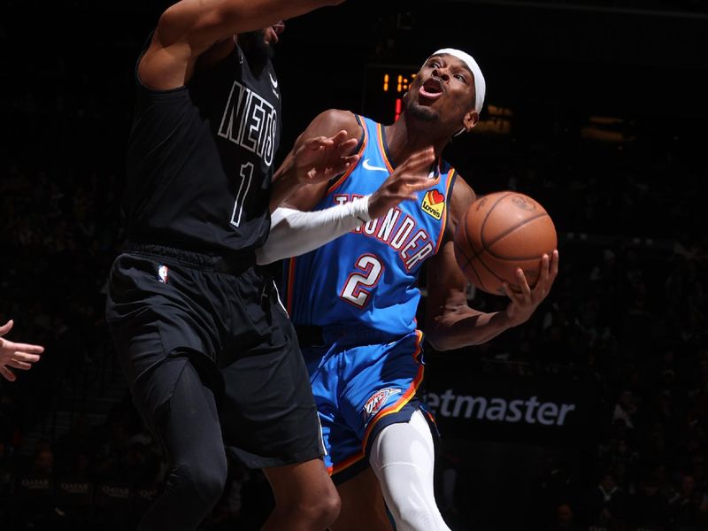 BROOKLYN, NY - JANUARY 5: Shai Gilgeous-Alexander #2 of the Oklahoma City Thunder goes to the basket during the game on January 5, 2024 at Barclays Center in Brooklyn, New York. NOTE TO USER: User expressly acknowledges and agrees that, by downloading and or using this Photograph, user is consenting to the terms and conditions of the Getty Images License Agreement. Mandatory Copyright Notice: Copyright 2024 NBAE (Photo by Nathaniel S. Butler/NBAE via Getty Images)