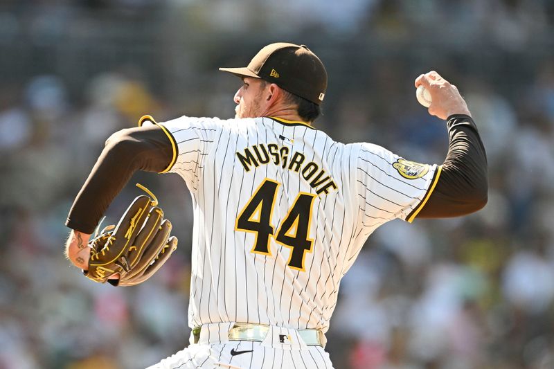 Sep 2, 2024; San Diego, California, USA; San Diego Padres starting pitcher Joe Musgrove (44) pitches against the Detroit Tigers during the first inning at Petco Park. Mandatory Credit: Denis Poroy-USA TODAY Sports