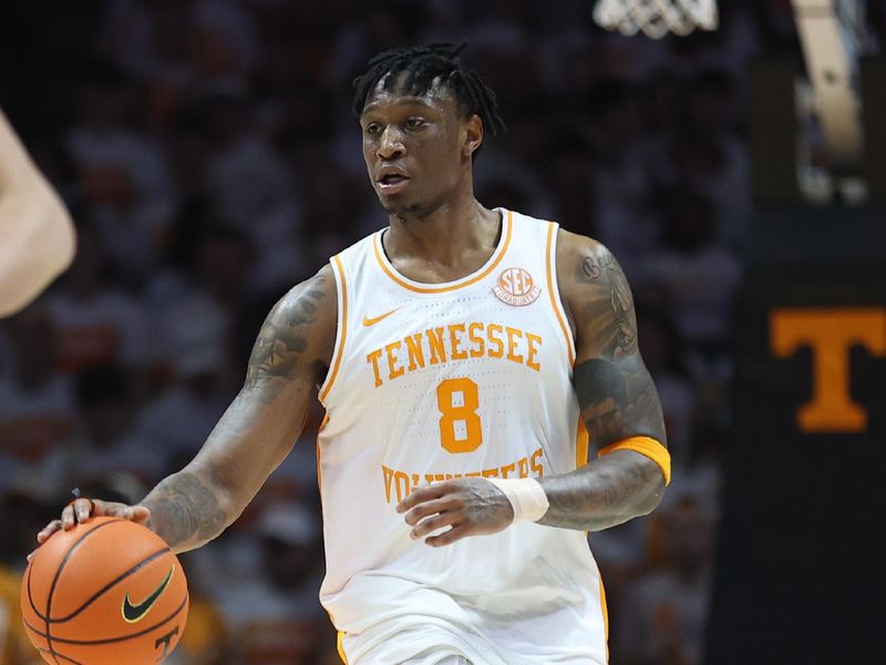 Feb 1, 2025; Knoxville, Tennessee, USA; Tennessee Volunteers guard Darlinstone Dubar (8) brings the ball up court against the Florida Gators during the first half at Thompson-Boling Arena at Food City Center. Mandatory Credit: Randy Sartin-Imagn Images