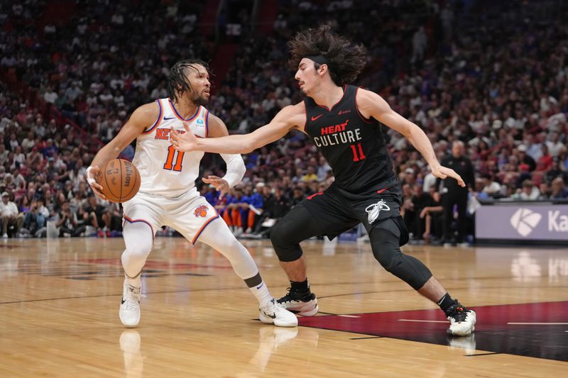 MIAMI, FL - APRIL 2: Jalen Brunson #11 of the New York Knicks dribbles the ball during the game aMiami Heat  on April 2, 2024 at Kaseya Center in Miami, Florida. NOTE TO USER: User expressly acknowledges and agrees that, by downloading and or using this Photograph, user is consenting to the terms and conditions of the Getty Images License Agreement. Mandatory Copyright Notice: Copyright 2024 NBAE (Photo by Eric Espada/NBAE via Getty Images)