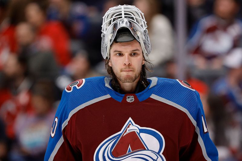 Nov 7, 2023; Denver, Colorado, USA; Colorado Avalanche goaltender Alexandar Georgiev (40) in the third period against the New Jersey Devils at Ball Arena. Mandatory Credit: Isaiah J. Downing-USA TODAY Sports