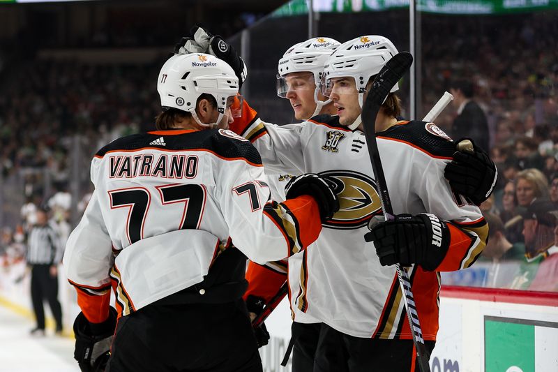 Jan 27, 2024; Saint Paul, Minnesota, USA; Anaheim Ducks right wing Troy Terry (19) celebrates his goal against the Minnesota Wild during the first period at Xcel Energy Center. Mandatory Credit: Matt Krohn-USA TODAY Sports