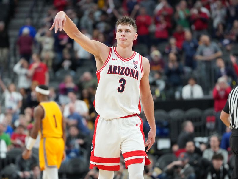 Mar 10, 2023; Las Vegas, NV, USA; Arizona Wildcats guard Pelle Larsson (3) celebrates after the Wildcats defeated the Arizona State Sun Devils 78-59 at T-Mobile Arena. Mandatory Credit: Stephen R. Sylvanie-USA TODAY Sports