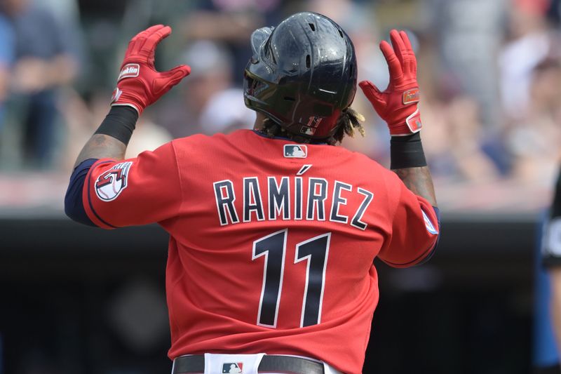 Sep 17, 2023; Cleveland, Ohio, USA; Cleveland Guardians designated hitter Jose Ramirez (11) rounds the bases after hitting a home run during the fourth inning against the Texas Rangers at Progressive Field. Mandatory Credit: Ken Blaze-USA TODAY Sports