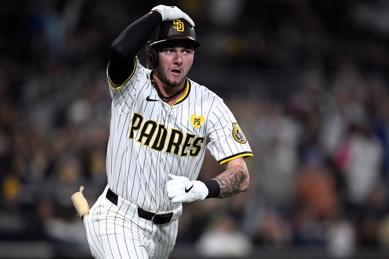 May 13, 2024; San Diego, California, USA; San Diego Padres center fielder Jackson Merrill (3) rounds the bases after hitting a home run during the seventh inning against the Colorado Rockies at Petco Park. Mandatory Credit: Orlando Ramirez-USA TODAY Sports