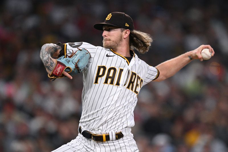 Jul 5, 2023; San Diego, California, USA; San Diego Padres relief pitcher Josh Hader (71) throws a pitch against the Los Angeles Angels during the ninth inning at Petco Park. Mandatory Credit: Orlando Ramirez-USA TODAY Sports