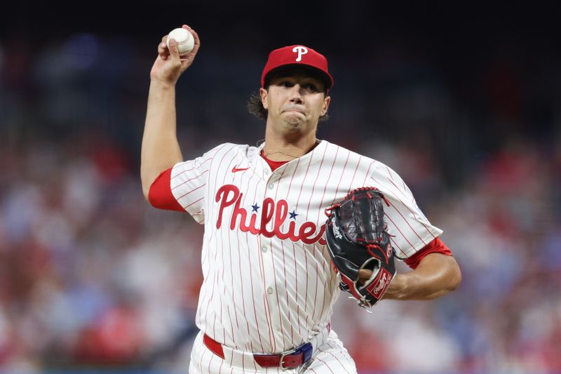 Aug 14, 2024; Philadelphia, Pennsylvania, USA; Philadelphia Phillies pitcher Tyler Phillips (48) throws a pitch during the fifth inning against the Miami Marlins at Citizens Bank Park. Mandatory Credit: Bill Streicher-USA TODAY Sports