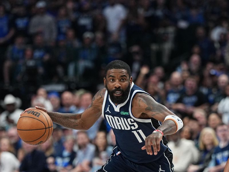 DALLAS, TX - APRIL 26: Kyrie Irving #11 of the Dallas Mavericks dribbles the ball during the game against the LA Clippers during Round 1 Game 3 of the 2024 NBA Playoffs on April 26, 2024 at the American Airlines Center in Dallas, Texas. NOTE TO USER: User expressly acknowledges and agrees that, by downloading and or using this photograph, User is consenting to the terms and conditions of the Getty Images License Agreement. Mandatory Copyright Notice: Copyright 2023 NBAE (Photo by Glenn James/NBAE via Getty Images)