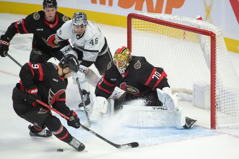 Nov 2, 2023; Ottawa, Ontario, CAN; Ottawa Senators center JoshNorris (9) moves the puck away from Los Angeles Kings center Blake Lixotte (46) following a shot on goal in the third period at the Canadian Tire Centre. Mandatory Credit: Marc DesRosiers-USA TODAY Sports