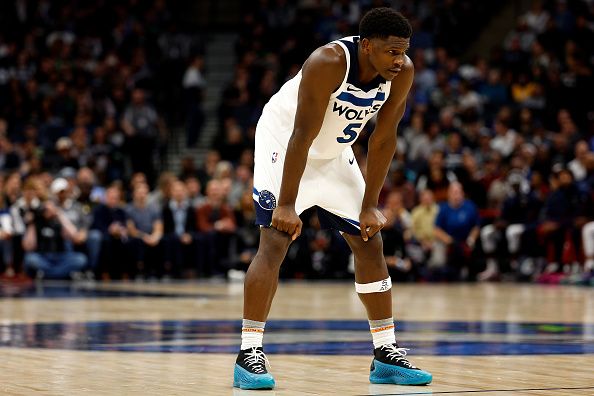 MINNEAPOLIS, MINNESOTA - NOVEMBER 01: Anthony Edwards #5 of the Minnesota Timberwolves looks on against the Denver Nuggets in the second quarter at Target Center on November 01, 2023 in Minneapolis, Minnesota. The Timberwolves defeated the Nuggets 110-89. NOTE TO USER: User expressly acknowledges and agrees that, by downloading and or using this photograph, User is consenting to the terms and conditions of the Getty Images License Agreement. (Photo by David Berding/Getty Images)