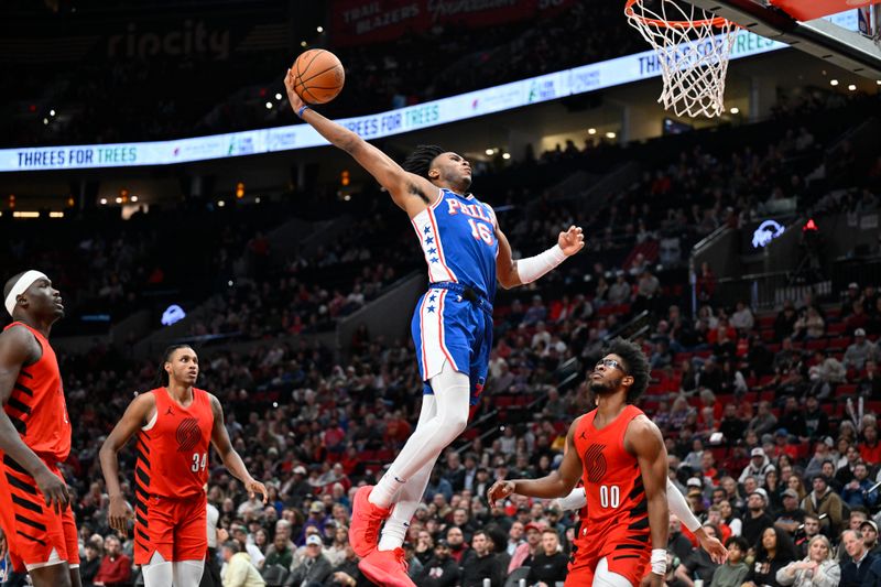 PORTLAND, OREGON - JANUARY 29: Ricky Council IV #16 of the Philadelphia 76ers dunks during the fourth quarter against the Portland Trail Blazers at the Moda Center on January 29, 2024 in Portland, Oregon. The Portland Trail Blazers won 130-104. NOTE TO USER: User expressly acknowledges and agrees that, by downloading and or using this photograph, User is consenting to the terms and conditions of the Getty Images License Agreement. (Photo by Alika Jenner/Getty Images)