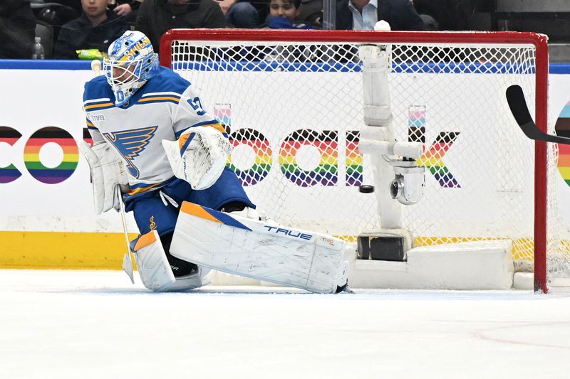 Nov 18, 2025; Toronto, Ontario, CAN;  St. Louis Blues goalie Jordan Binnington (50) is beaten for a goal by a shot from Toronto Maple Leafs forward Steven Lorentz (not shown) in the second period at Scotiabank Arena. Mandatory Credit: Dan Hamilton-Imagn Images