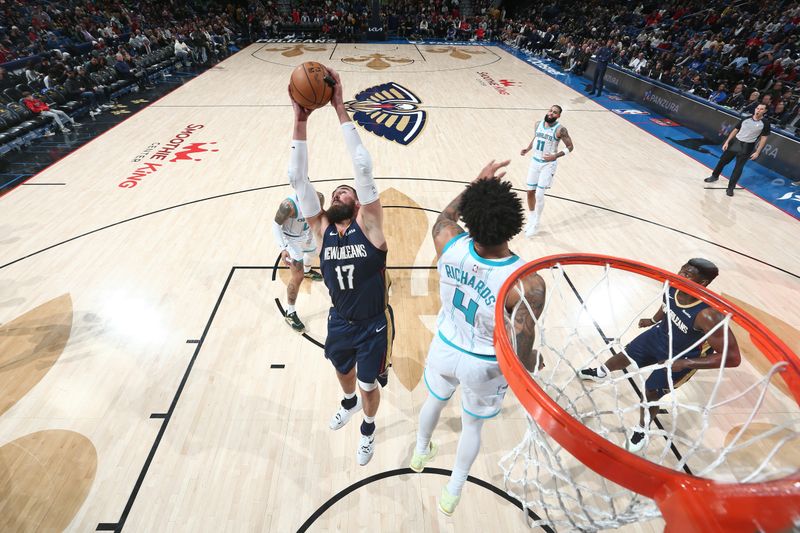 NEW ORLEANS, LA - JANUARY 17: Brandon Ingram #14 of the New Orleans Pelicans grabs a rebound during the game against the Charlotte Hornets on January 17, 2024 at the Smoothie King Center in New Orleans, Louisiana. NOTE TO USER: User expressly acknowledges and agrees that, by downloading and or using this Photograph, user is consenting to the terms and conditions of the Getty Images License Agreement. Mandatory Copyright Notice: Copyright 2024 NBAE (Photo by Layne Murdoch Jr./NBAE via Getty Images)