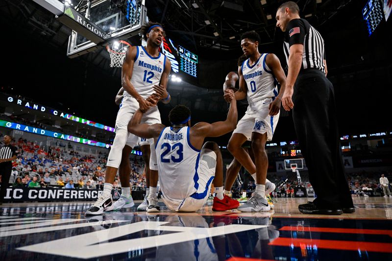 Mar 11, 2023; Fort Worth, TX, USA; Memphis Tigers forward Malcolm Dandridge (23) is helped up by forward DeAndre Williams (12) and guard Elijah McCadden (0) after he is fouled by the Tulane Green Wave during the first half at Dickies Arena. Mandatory Credit: Jerome Miron-USA TODAY Sports