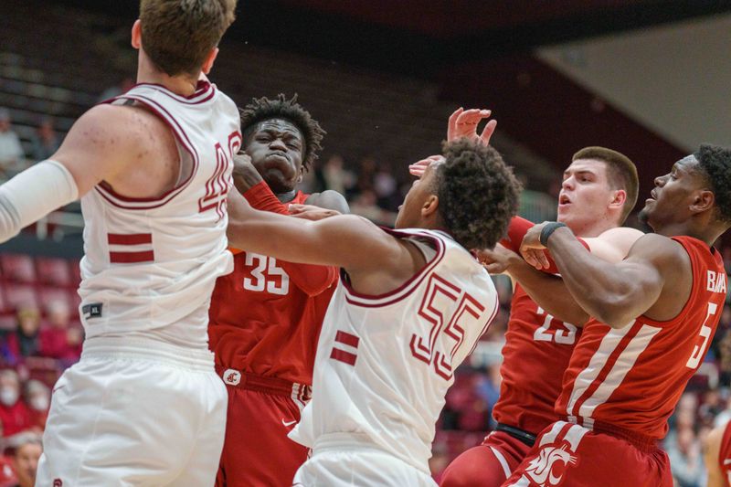 Feb 23, 2023; Stanford, California, USA;  Washington State Cougars forward Mouhamed Gueye (35) grabs the rebound against Stanford Cardinal forward Harrison Ingram (55) during the first half at Maples Pavilion. Mandatory Credit: Neville E. Guard-USA TODAY Sports