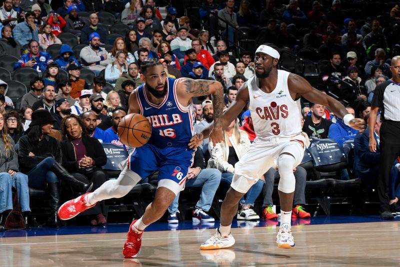 PHILADELPHIA, PA - NOVEMBER 13: Caleb Martin #16 of the Philadelphia 76ers drives to the basket during the game against the Cleveland Cavaliers on November 13, 2024 at the Wells Fargo Center in Philadelphia, Pennsylvania NOTE TO USER: User expressly acknowledges and agrees that, by downloading and/or using this Photograph, user is consenting to the terms and conditions of the Getty Images License Agreement. Mandatory Copyright Notice: Copyright 2024 NBAE (Photo by David Dowt/NBAE via Getty Images)