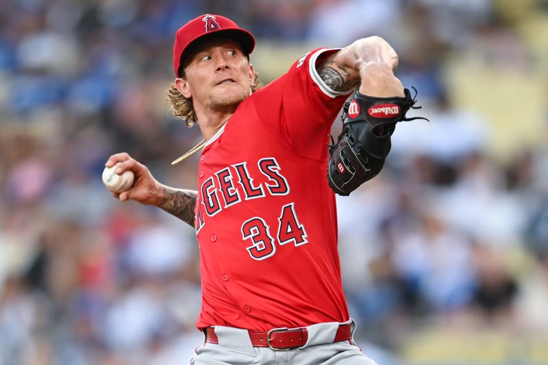 Jun 22, 2024; Los Angeles, California, USA; Los Angeles Angels pitcher Zach Plesac (34) throws against the Los Angeles Dodgers during the first inning at Dodger Stadium. Mandatory Credit: Jonathan Hui-USA TODAY Sports