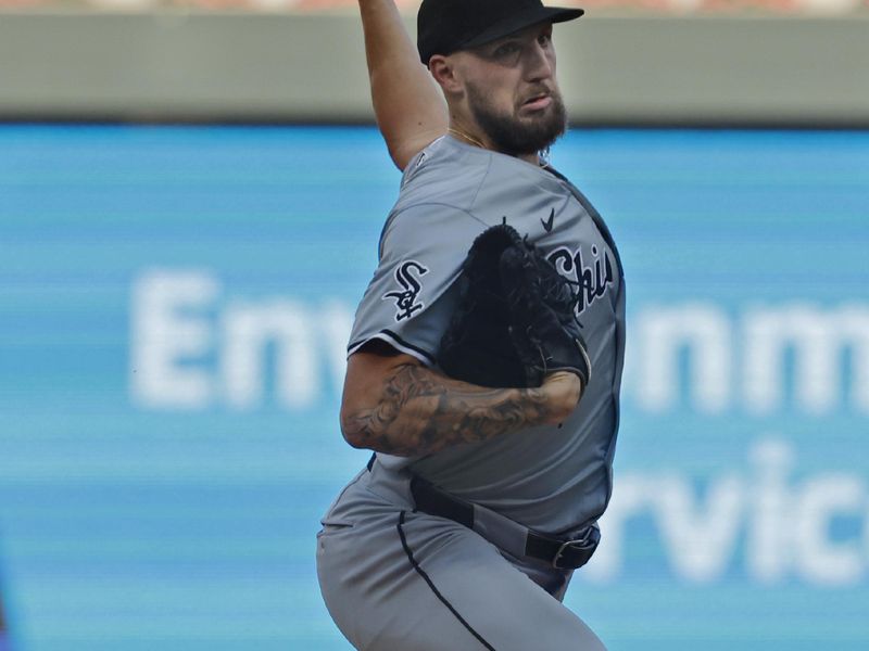Aug 3, 2024; Minneapolis, Minnesota, USA; Chicago White Sox starting pitcher Garrett Crochet (45) throws against the Minnesota Twins in the first inning at Target Field. Mandatory Credit: Bruce Kluckhohn-USA TODAY Sports