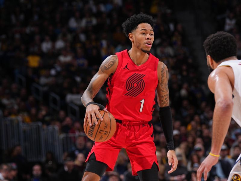 DENVER, CO - FEBRUARY 4: Anfernee Simons #1 of the Portland Trail Blazers dribbles the ball during the game against the Denver Nuggets on February 4, 2024 at the Ball Arena in Denver, Colorado. NOTE TO USER: User expressly acknowledges and agrees that, by downloading and/or using this Photograph, user is consenting to the terms and conditions of the Getty Images License Agreement. Mandatory Copyright Notice: Copyright 2024 NBAE (Photo by Bart Young/NBAE via Getty Images)