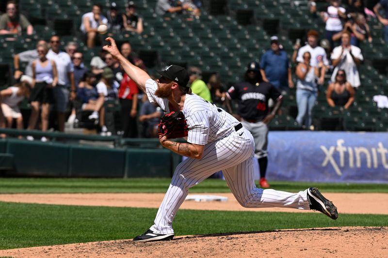 Jul 10, 2024; Chicago, Illinois, USA;  Chicago White Sox pitcher Michael Kopech (34) delivers against the Minnesota Twins during the ninth inning at Guaranteed Rate Field. Mandatory Credit: Matt Marton-USA TODAY Sports