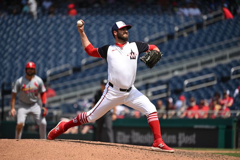Jul 7, 2024; Washington, District of Columbia, USA; Washington Nationals relief pitcher Dylan Floro (44) throws a pitch against the St. Louis Cardinals during the fifth inning at Nationals Park. Mandatory Credit: Rafael Suanes-USA TODAY Sports