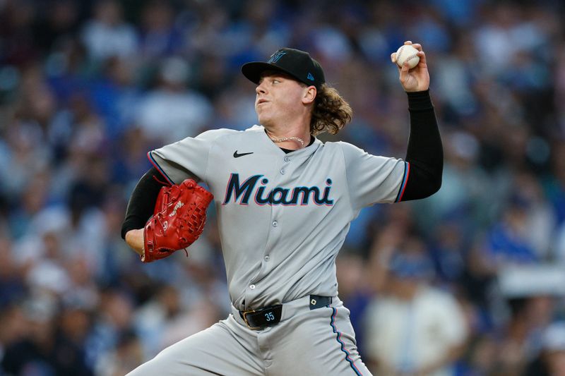 May 14, 2025; Chicago, Illinois, USA; Miami Marlins starting pitcher Ryan Weathers (35) delivers a pitch against the Chicago Cubs during the fourth inning at Wrigley Field. Mandatory Credit: Kamil Krzaczynski-Imagn Images
