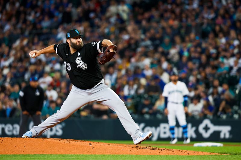 Jun 18, 2023; Seattle, Washington, USA; Chicago White Sox starting pitcher Lance Lynn (33) throws against the Seattle Mariners during the first inning at T-Mobile Park. Mandatory Credit: Joe Nicholson-USA TODAY Sports