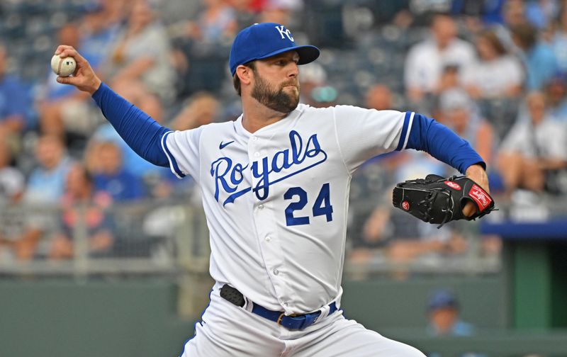 Jun 13, 2023; Kansas City, Missouri, USA;  Kansas City Royals starting pitcher Jordan Lyles (24) delivers a pitch in the first inning against the Cincinnati Reds at Kauffman Stadium. Mandatory Credit: Peter Aiken-USA TODAY Sports