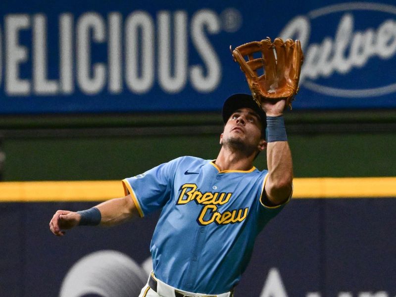Aug 17, 2024; Milwaukee, Wisconsin, USA; Milwaukee Brewers right fielder Sal Frelick (10) catches ball hit by Cleveland Guardians center fielder Tyler Freeman (not pictured) in the seventh inning at American Family Field. Mandatory Credit: Benny Sieu-USA TODAY Sports