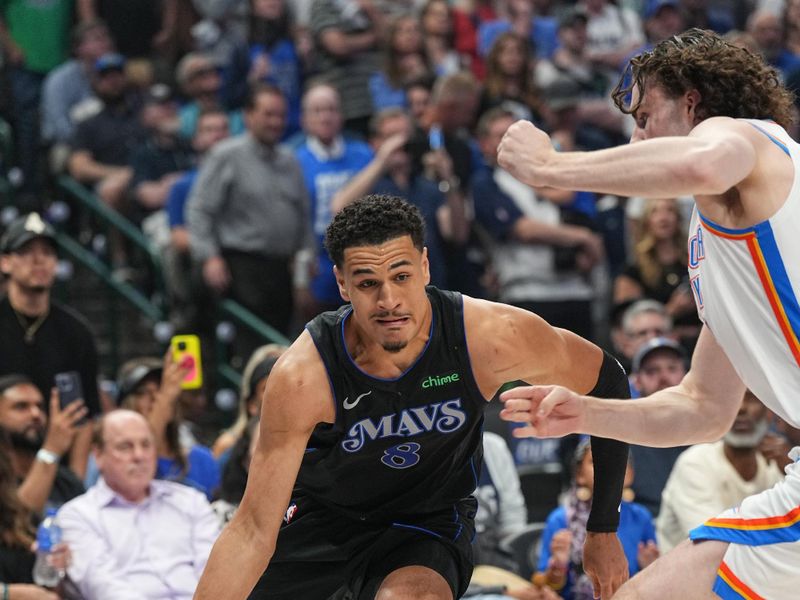 DALLAS, TX - MAY 18:  Josh Green #8 of the Dallas Mavericks goes to the basket during the game against the Oklahoma City Thunder during Round 2 Game 6 of the 2024 NBA Playoffs  on May 18, 2024  at the American Airlines Center in Dallas, Texas. NOTE TO USER: User expressly acknowledges and agrees that, by downloading and or using this photograph, User is consenting to the terms and conditions of the Getty Images License Agreement. Mandatory Copyright Notice: Copyright 2024 NBAE (Photo by Glenn James/NBAE via Getty Images)