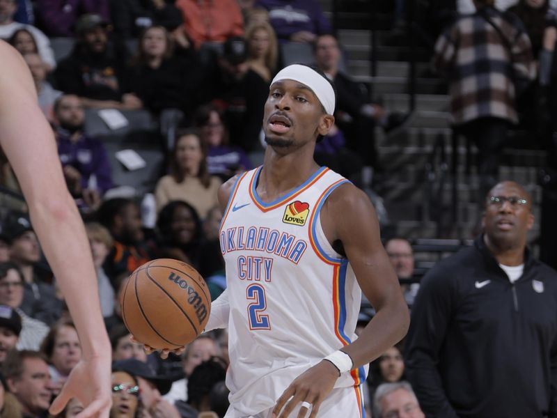 SACRAMENTO, CA - NOVEMBER 25: Shai Gilgeous-Alexander #2 of the Oklahoma City Thunder dribbles the ball during the game against the Sacramento Kings on November 25, 2024 at Golden 1 Center in Sacramento, California. NOTE TO USER: User expressly acknowledges and agrees that, by downloading and or using this Photograph, user is consenting to the terms and conditions of the Getty Images License Agreement. Mandatory Copyright Notice: Copyright 2024 NBAE (Photo by Rocky Widner/NBAE via Getty Images)