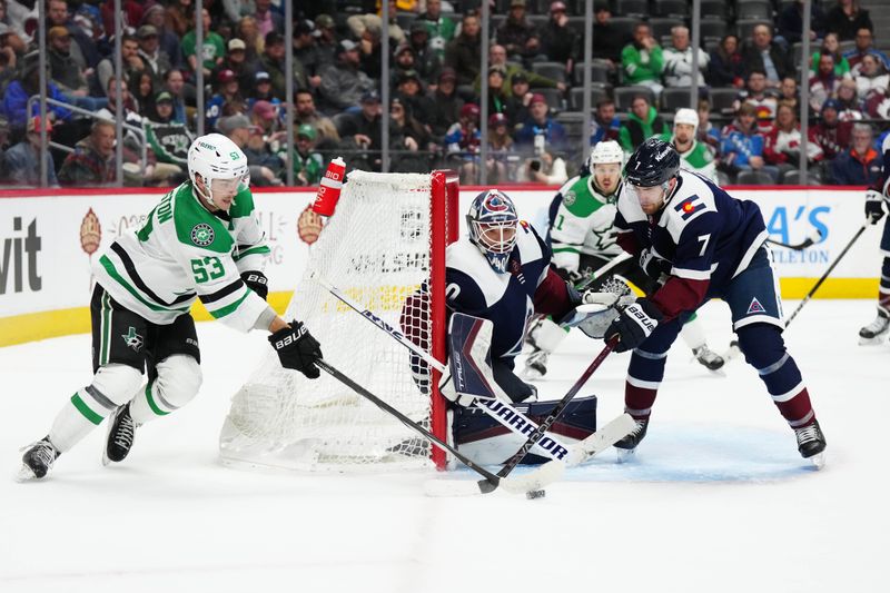 Feb 27, 2024; Denver, Colorado, USA; Dallas Stars center Wyatt Johnston (53) attempts to score on Colorado Avalanche goaltender Alexandar Georgiev (40) and defenseman Devon Toews (7) in the third period at Ball Arena. Mandatory Credit: Ron Chenoy-USA TODAY Sports